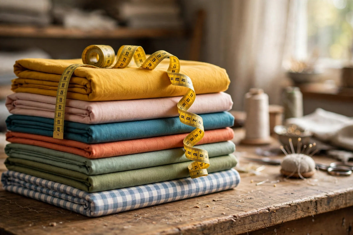 Folded lengths of cotton fabric with a tailor's inch tape on a cutting table