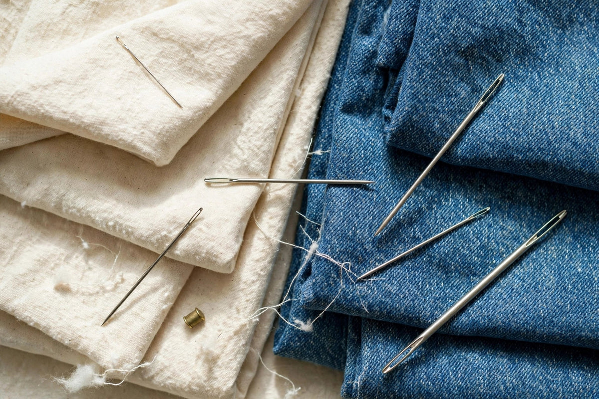Sewing machine needles of different sizes on cotton and denim fabric