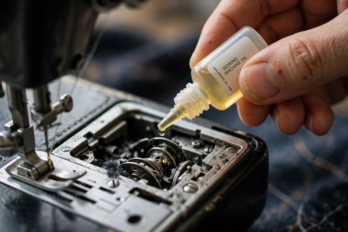 A hand oiling a sewing machine bobbin area with a small oil bottle