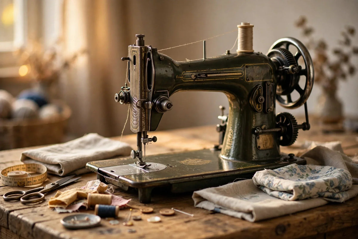 A sturdy mechanical sewing machine on a wooden table in warm light