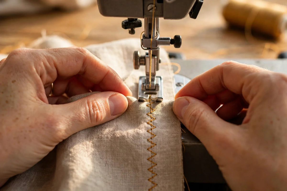 Hands guiding fabric under a presser foot sewing a zigzag stitch